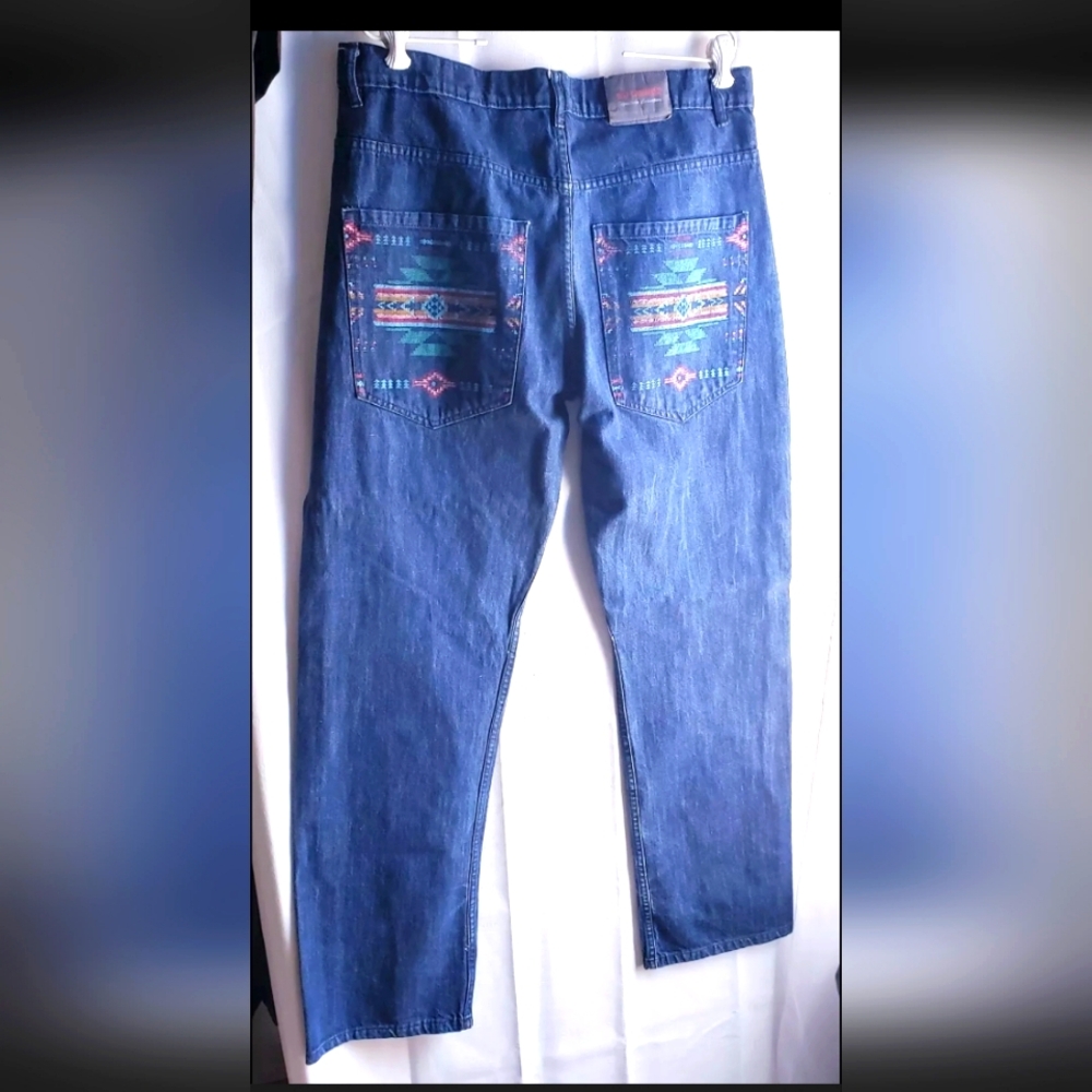 Vintage Tribal Nu Trendz Mens 36/32 Blue Denim Jeans Pants Relaxed Straight Leg